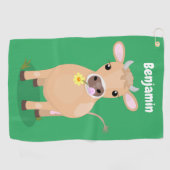 Cute happy jersey koe and flower cartoon golfhanddoek (Horizontaal)