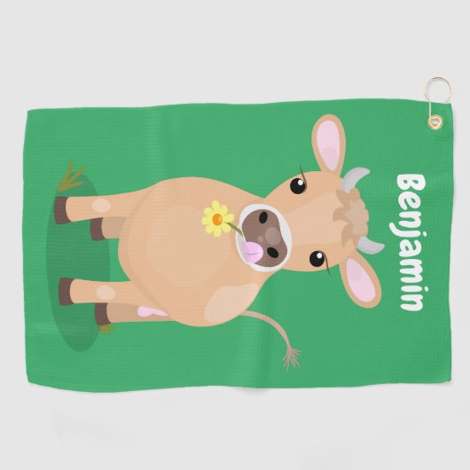 Cute happy jersey koe and flower cartoon golfhanddoek (Horizontaal)