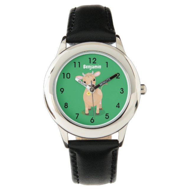 Cute happy jersey koe and flower cartoon horloge (Voorkant)