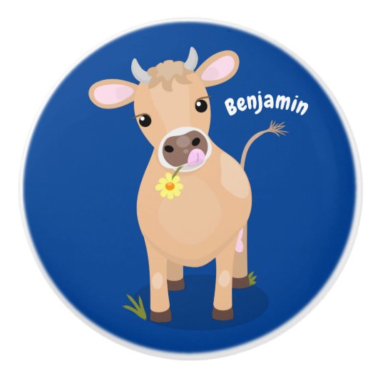 Cute happy jersey koe and flower cartoon keramische knop (Voorkant)