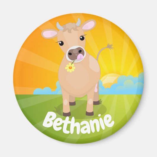 Cute happy jersey koe and flower cartoon magneet (Voorkant)