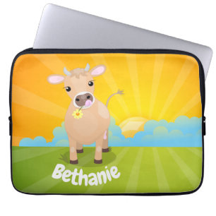 Cute happy jersey koe and flower sunrise cartoon laptop sleeve