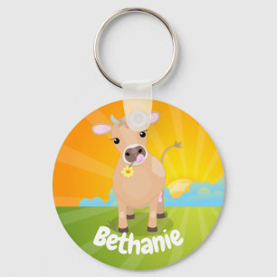Cute happy jersey koe and flower sunrise cartoon sleutelhanger