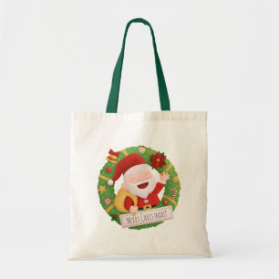 Cute Happy Jolly Santa Claus Xmas Wreath Tote Bag