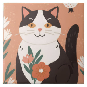 Cute Happy Kat met Lente Bloemen Tegeltje