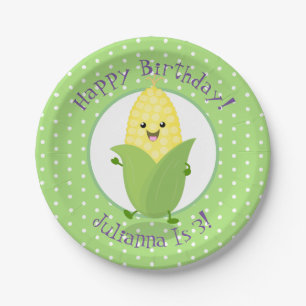 Cute happy kawaii corn cob cartoon illustratie papieren bordje