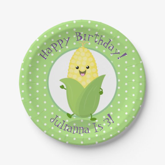 Cute happy kawaii corn cob cartoon illustratie papieren bordje (Voorkant)