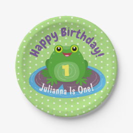Cute happy kawaii green frog cartoon papieren bordje