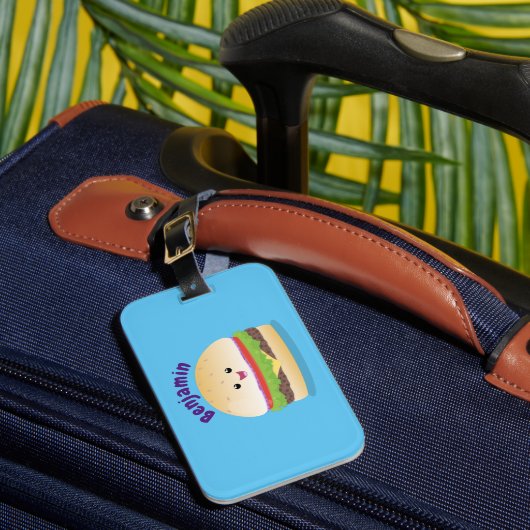 Cute happy kawaii hamburger cartoon bagagelabel (Voorkant Insitu 1)
