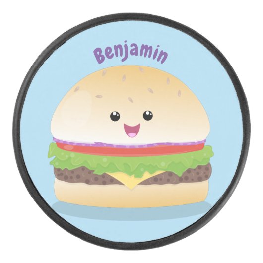 Cute happy kawaii hamburger cartoon hockey puck (Voorkant)