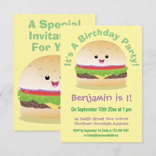 Cute happy kawaii hamburger cartoon kaart (Voorkant / Achterkant)