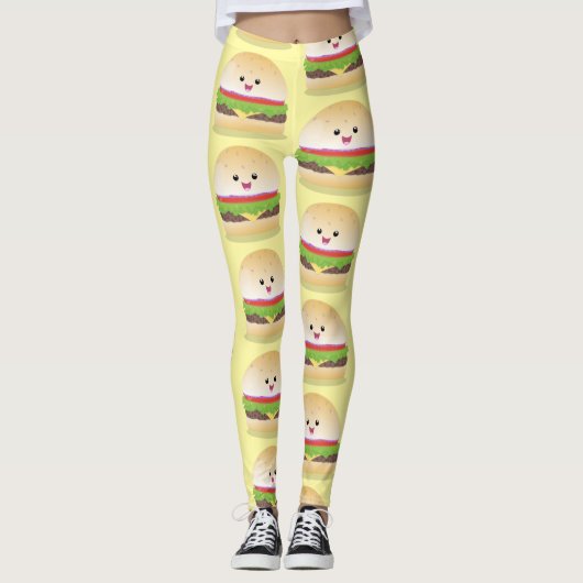 Cute happy kawaii hamburger cartoon leggings (Voorkant)