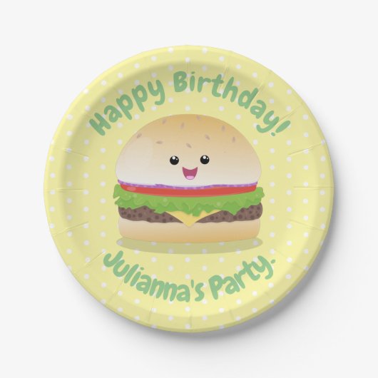 Cute happy kawaii hamburger cartoon papieren bordje (Voorkant)