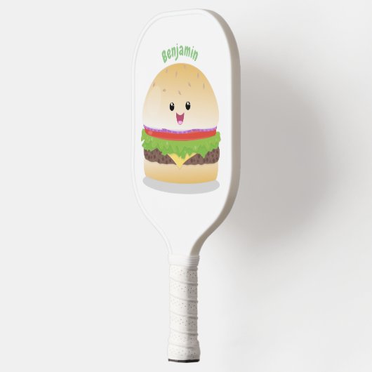 Cute happy kawaii hamburger cartoon pickleball paddle (Links)