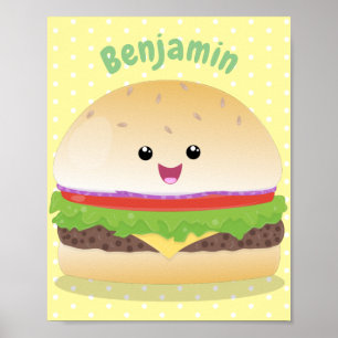 Cute happy kawaii hamburger cartoon poster