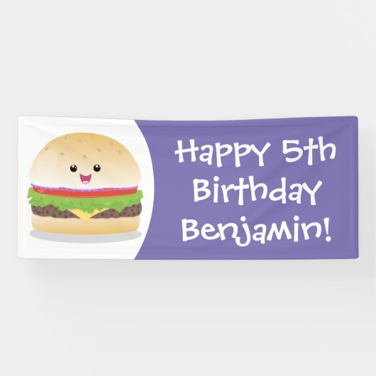Cute happy kawaii hamburger cartoon spandoek (Horizontaal)
