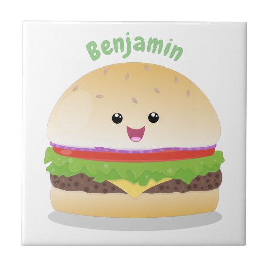 Cute happy kawaii hamburger cartoon tegeltje (Voorkant)