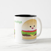 Cute happy kawaii hamburger cartoon tweekleurige koffiemok (Voorkant rechts)