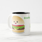 Cute happy kawaii hamburger cartoon tweekleurige koffiemok (Voorkant links)