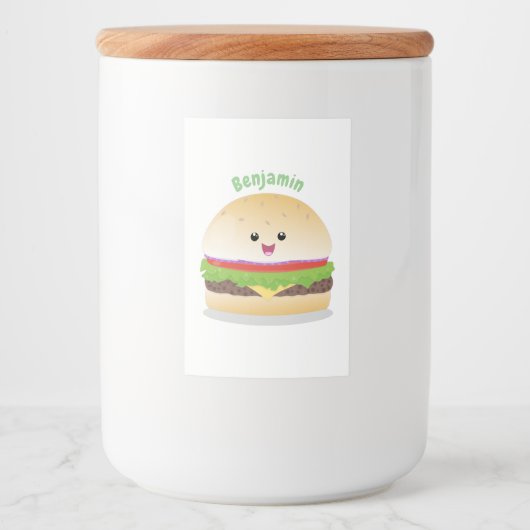 Cute happy kawaii hamburger cartoon voedselcontainer etiket (Voorkant)