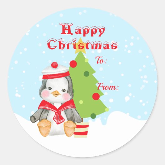 Cute Happy Kerstmis Penguin Sailor Gift Ronde Sticker (Voorkant)