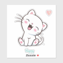 Cute Happy Kitty Cat & Heart Sticker