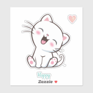 Cute Happy Kitty Cat & Heart Sticker