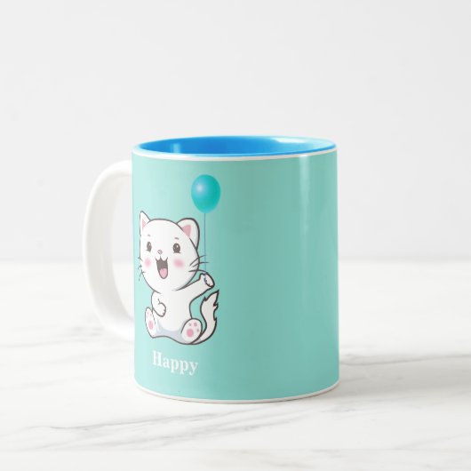 Cute Happy Kitty Cat met ballon op Turquoise Two Tweekleurige Koffiemok (Voorkant links)