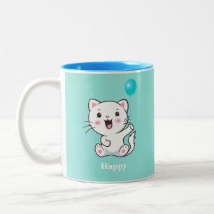 Cute Happy Kitty Cat met ballon op Turquoise Two Tweekleurige Koffiemok