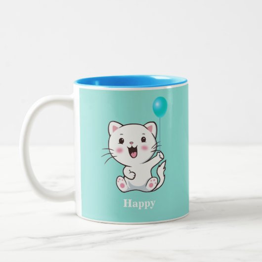 Cute Happy Kitty Cat met ballon op Turquoise Two Tweekleurige Koffiemok (Links)