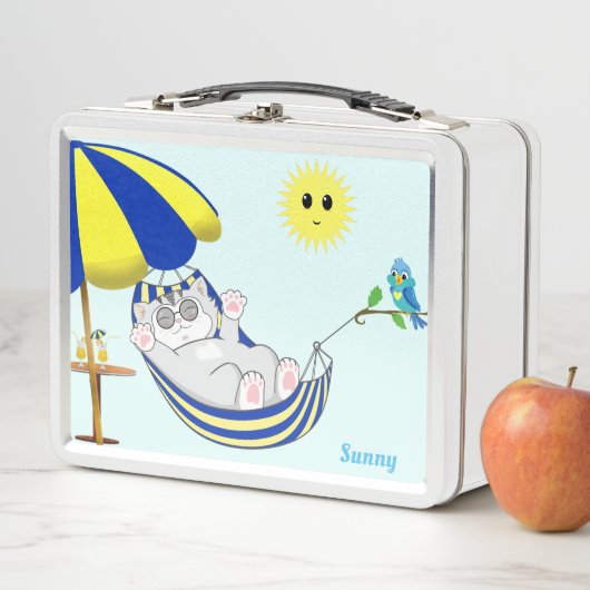 Cute Happy Kitty Cat, Sun & Blue Little Bird (In situ)