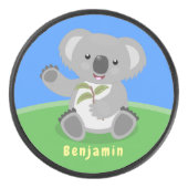 Cute happy koala waving cartoon illustratie hockey puck (Voorkant)