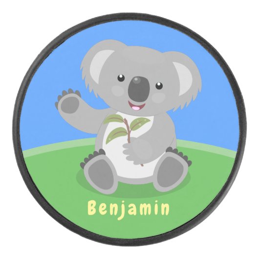 Cute happy koala waving cartoon illustratie hockey puck (Voorkant)
