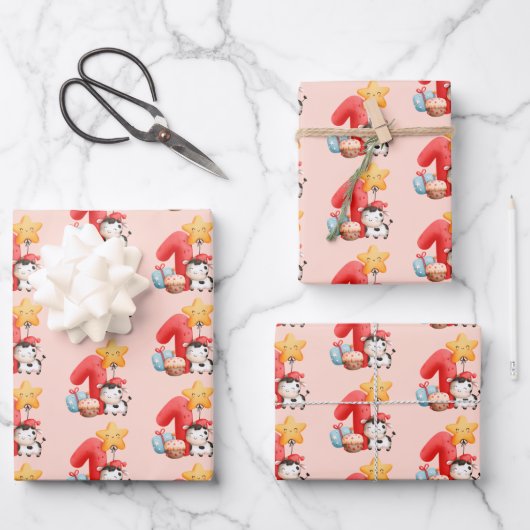 Cute Happy Koe 1e verjaardag Inpakpapier Vel (Voorkant)