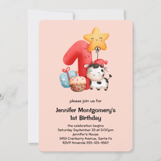 Cute Happy Koe 1e verjaardag Kaart (Voorkant)