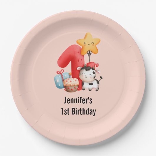 Cute Happy Koe 1e verjaardag Papieren Bordje (Voorkant)
