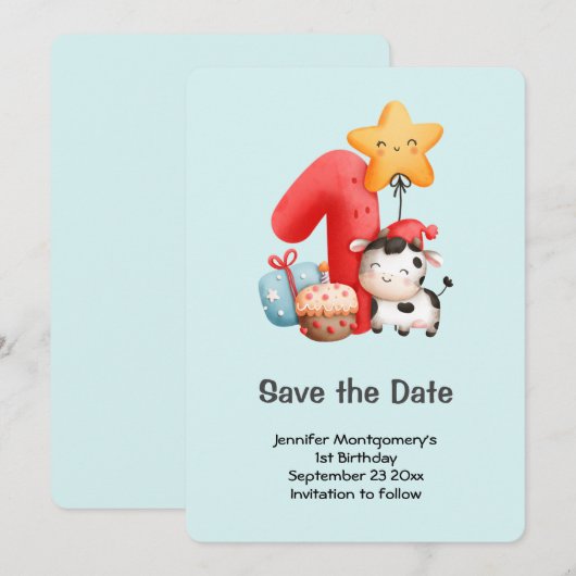 Cute Happy Koe 1e verjaardag Save The Date (Voorkant / Achterkant)