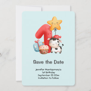 Cute Happy Koe 1e verjaardag Save The Date