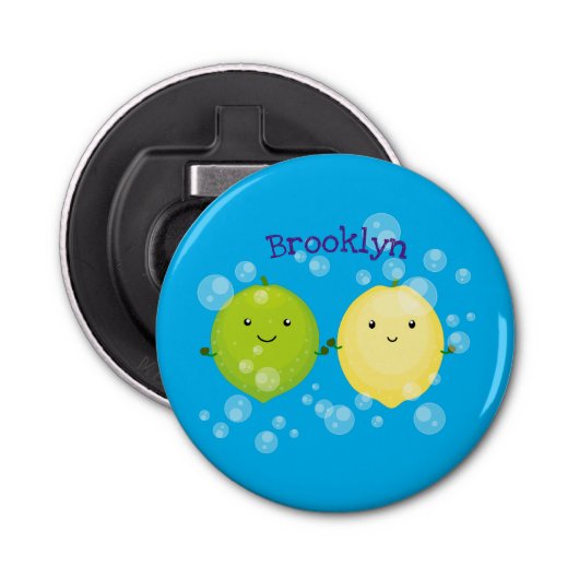 Cute happy lemon limoen illustratie button flesopener (Voorkant)