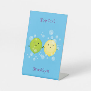 Cute happy lemon limoen illustratie reclamebord met voetstuk