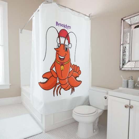 Cute happy lobster met kerstpet cartoon douchegordijn (In situ)