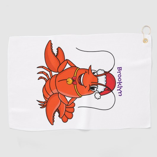 Cute happy lobster met kerstpet cartoon golfhanddoek (Horizontaal)