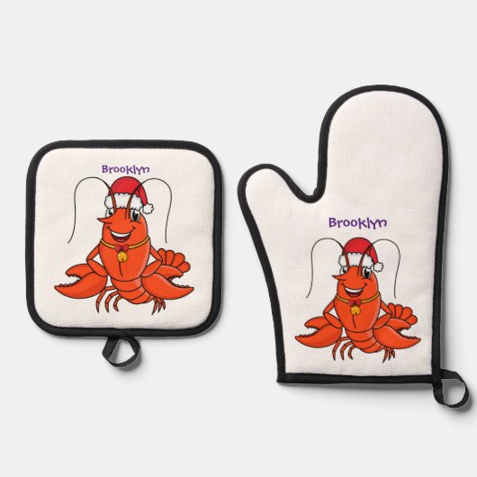 Cute happy lobster met kerstpet cartoon ovenwant & pannenlap set (Voorkant)