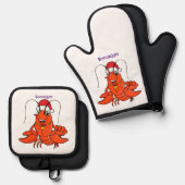 Cute happy lobster met kerstpet cartoon ovenwant & pannenlap set (Voorkant / Achterkant)