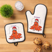 Cute happy lobster met kerstpet cartoon ovenwant & pannenlap set (Top down)