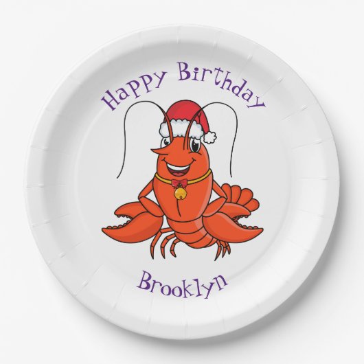 Cute happy lobster met kerstpet cartoon papieren bordje (Voorkant)