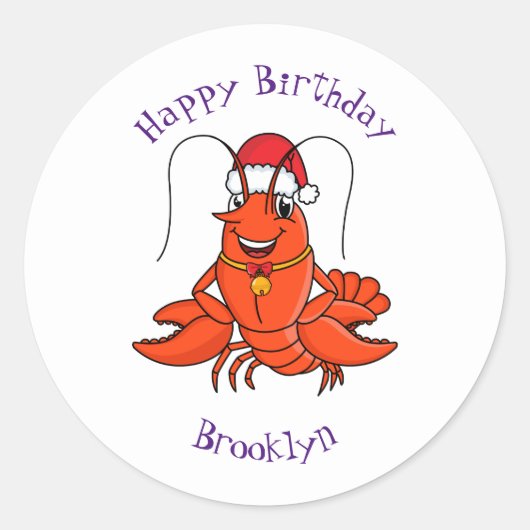 Cute happy lobster met kerstpet cartoon ronde sticker (Voorkant)