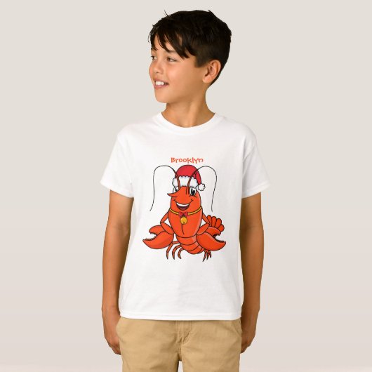 Cute happy lobster met kerstpet cartoon t-shirt (Voorkant volledig)