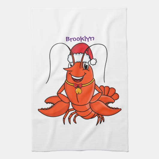 Cute happy lobster met kerstpet cartoon theedoek (Verticaal)