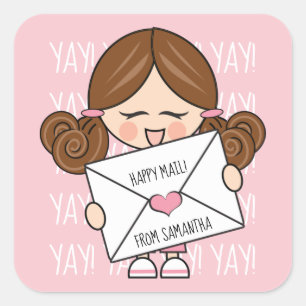 Cute Happy Mail Brown Hair Girl Pink Heart Seal Vierkante Sticker